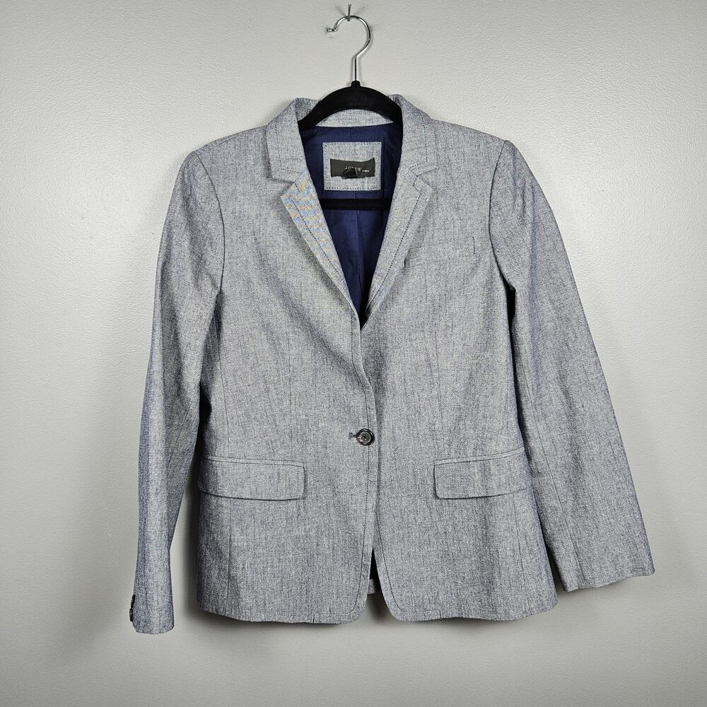 J.Crew Chambray Cotton Tailored One Button Blazer Jacket Blue Womens Size 6‎
